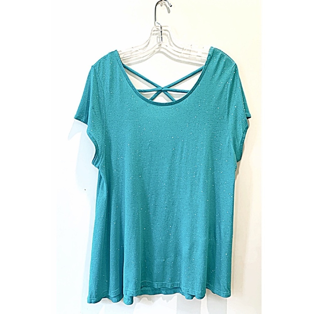 JENNIFER LOPEZ Sz XL Aqua Sparkle Strappy Short Sleeve Top - Picture 2 of 5